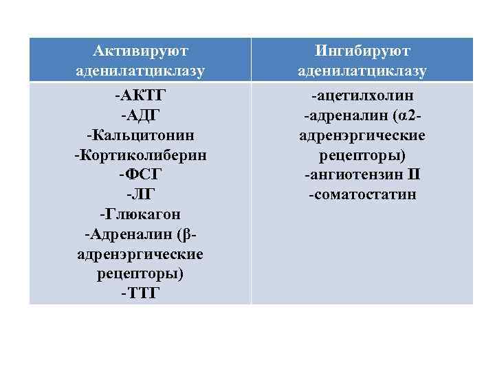 Активируют аденилатциклазу Ингибируют аденилатциклазу -АКТГ -АДГ -Кальцитонин -Кортиколиберин -ФСГ -ЛГ -Глюкагон -Адреналин (βадренэргические рецепторы)