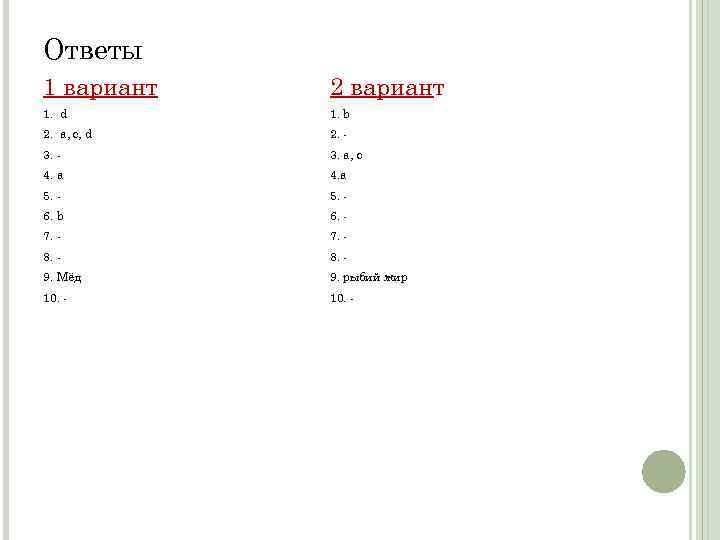 Ответы 1 вариант 2 вариант 1. d 1. b 2. a, c, d 2.