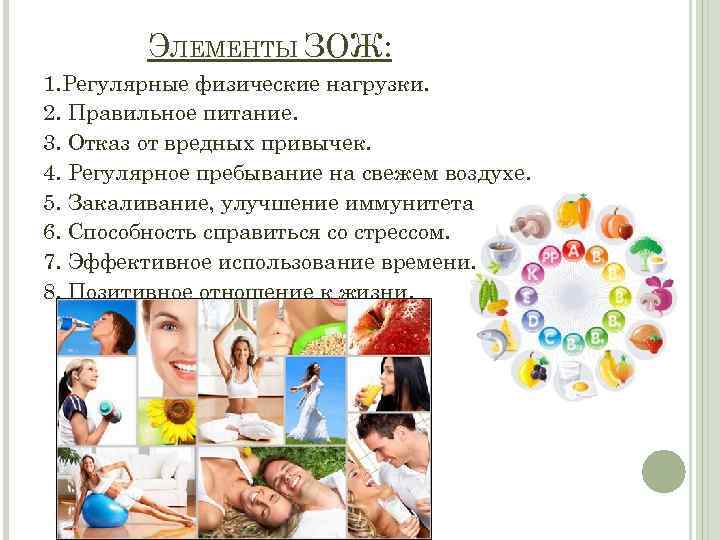 ЭЛЕМЕНТЫ ЗОЖ: 1. Регулярные физические нагрузки. 2. Правильное питание. 3. Отказ от вредных привычек.