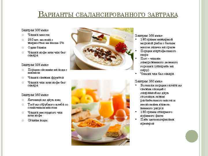 ВАРИАНТЫ СБАЛАНСИРОВАННОГО ЗАВТРАКА Завтрак 300 ккал Чашка мюсли 250 мл. молока с жирностью не