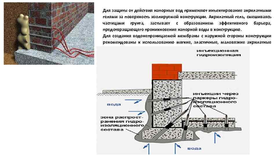 Для защиты от действия напорных вод применяют инъектирование акрилатными гелями за поверхность изолируемой конструкции.