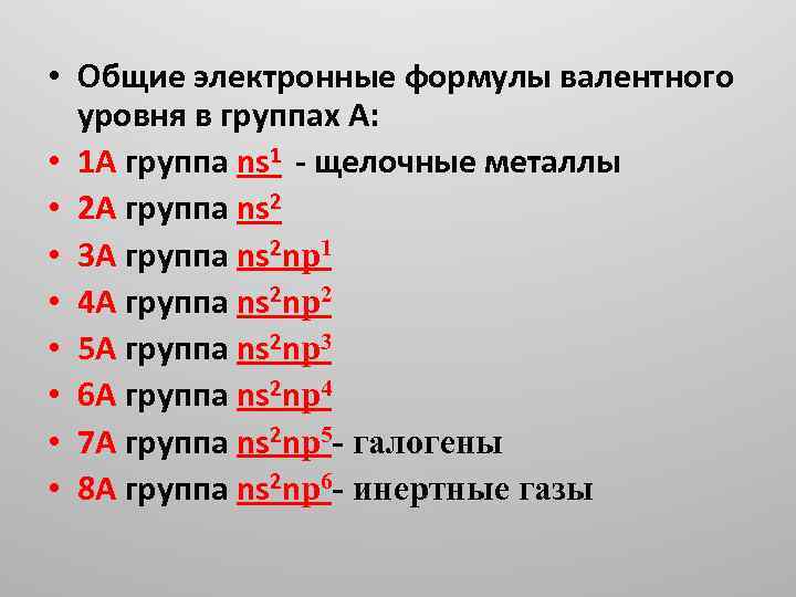  • Общие электронные формулы валентного уровня в группах А: • 1 А группа