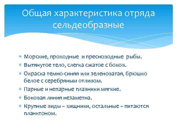 Общая характеристика отряда сельдеобразные Морские, проходные и пресноводные рыбы. Вытянутое тело, слегка сжатое с