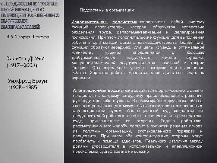 Подсистемы в организации 4. 6. Теория Гласиер Эллиотт Джекс (1917— 2003) Уилфред Браун (1908—