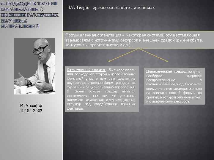 4. 7. Теория организационного потенциала Промышленная организация - некоторая система, осуществляющая взаимосвязи с источниками