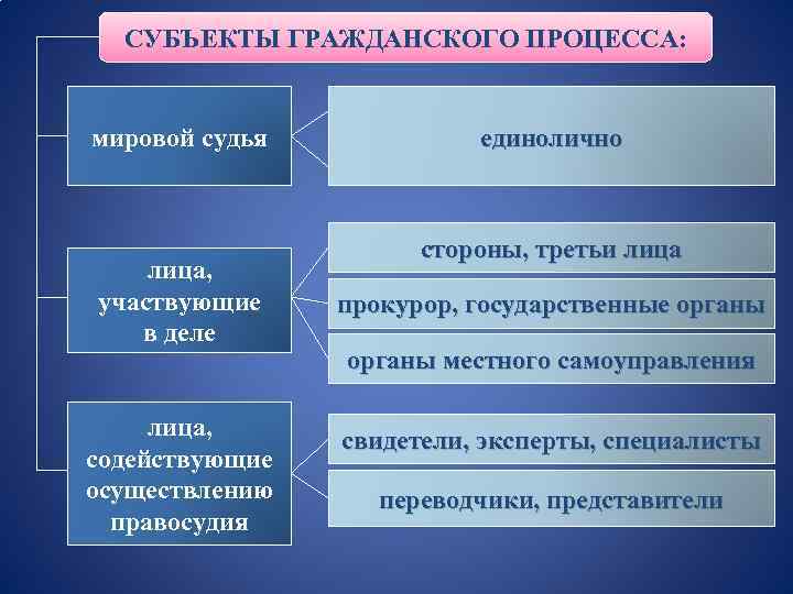 СУБЪЕКТЫ ГРАЖДАНСКОГО ПРОЦЕССА: мировой судья лица, участвующие в деле лица, содействующие осуществлению правосудия единолично