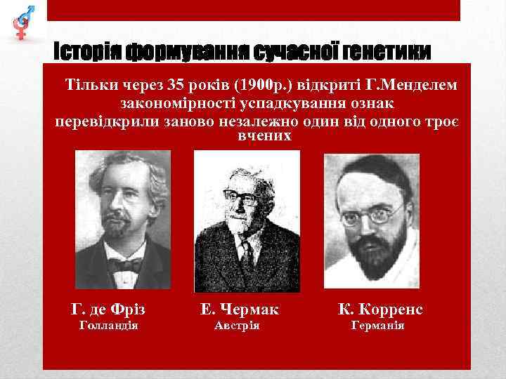 Історія формування сучасної генетики Тільки через 35 років (1900 р. ) відкриті Г. Менделем