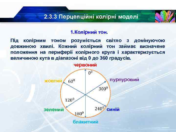 2. 3. 3 Перцепційні колірні моделі 1. Колірний тон. Під колірним тоном розуміється світло