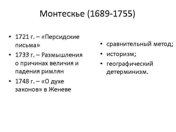 Монтескье (1689 -1755) • 1721 г. – «Персидские письма» • 1733 г. – Размышления