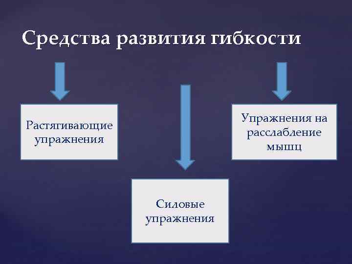 Средства развития гибкости Упражнения на расслабление мышц Растягивающие упражнения Силовые упражнения 