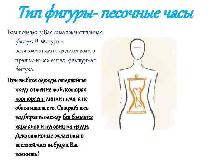 Тип фигуры- песочные часы Вам повезло, у Вас самая женственная фигура!!! Фигура с великолепными