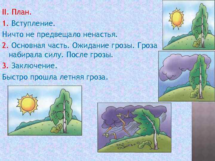 II. План. 1. Вступление. Ничто не предвещало ненастья. 2. Основная часть. Ожидание грозы. Гроза
