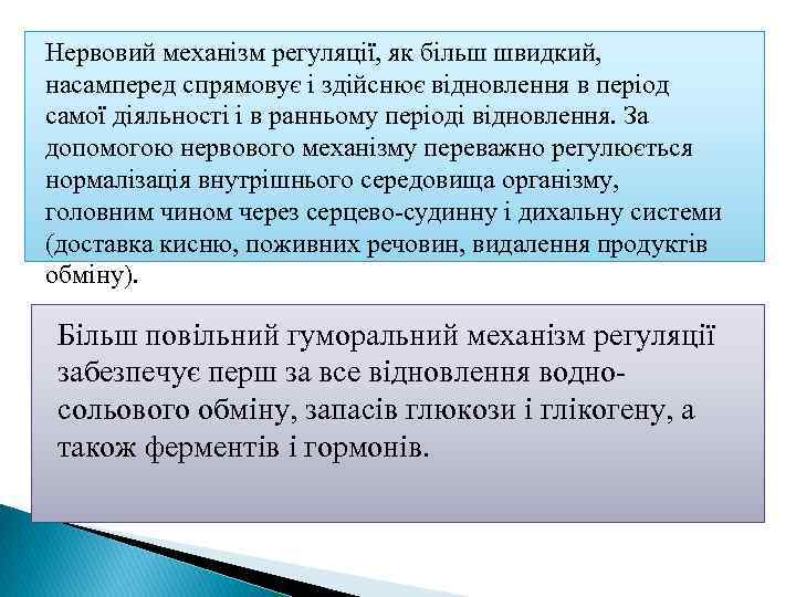 Нервовий механізм регуляції, як більш швидкий, насамперед спрямовує івідновлення в період самої діяльності і