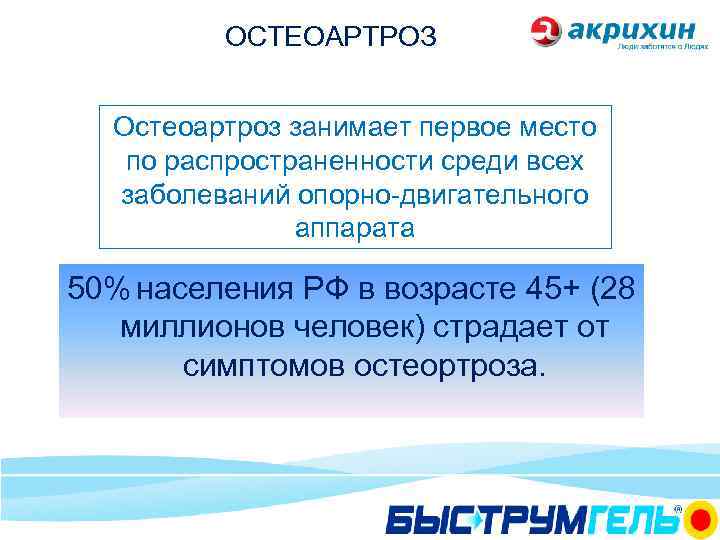 ОСТЕОАРТРОЗ Остеоартроз занимает первое место по распространенности среди всех заболеваний опорно-двигательного аппарата 50% населения