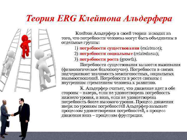 Теория ERG Клейтона Альдерфера Клейтон Альдерфер в своей теории исходил из того, что потребности