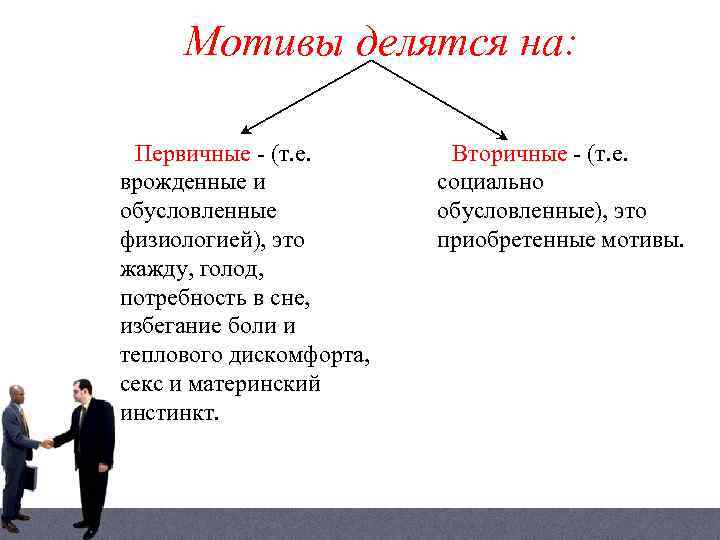 Мотивы делятся на: Первичные - (т. е. врожденные и обусловленные физиологией), это жажду, голод,