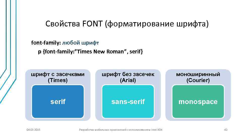 Свойства FONT (форматирование шрифта) font-family: любой шрифт p {font-family: ”Times New Roman”, serif} шрифт