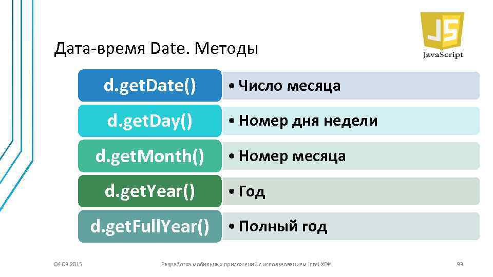 Дата-время Date. Методы d. get. Date() • Число месяца d. get. Day() • Номер