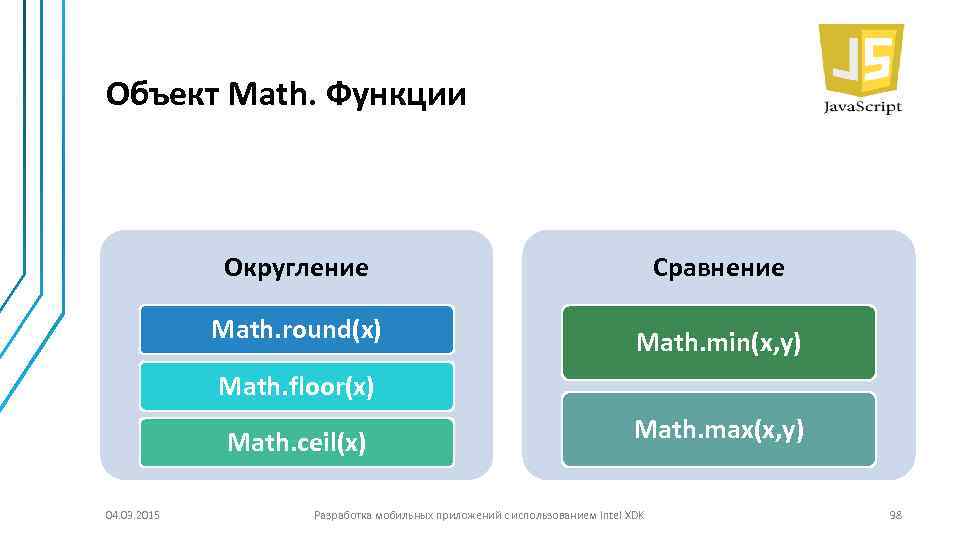 Объект Math. Функции Округление Сравнение Math. round(x) Math. min(x, y) Math. floor(x) Math. ceil(x)