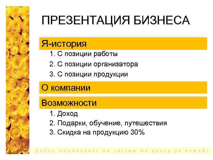 ПРЕЗЕНТАЦИЯ БИЗНЕСА Я-история 1. С позиции работы 2. С позиции организатора 3. С позиции