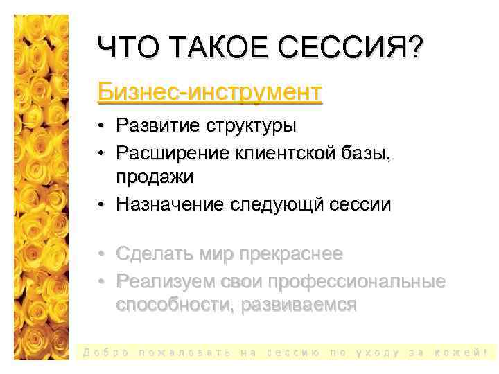 ЧТО ТАКОЕ СЕССИЯ? Бизнес-инструмент • Развитие структуры • Расширение клиентской базы, продажи • Назначение