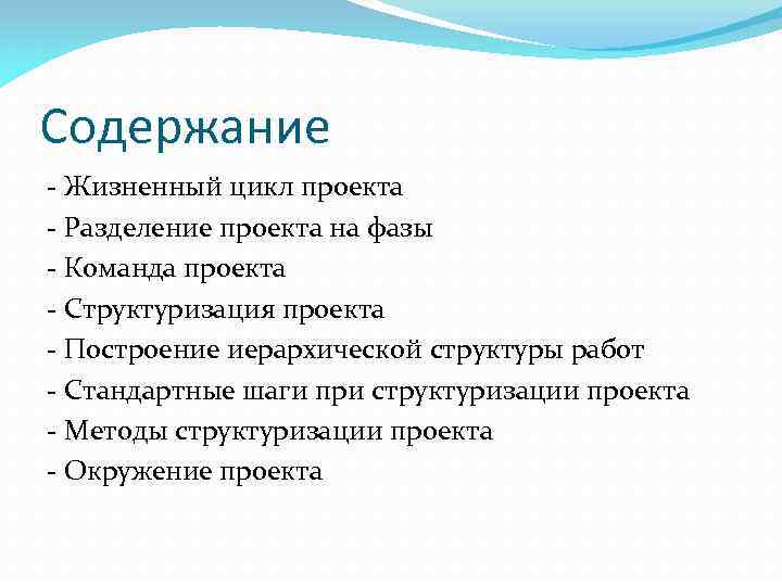 Содержание - Жизненный цикл проекта - Разделение проекта на фазы - Команда проекта -