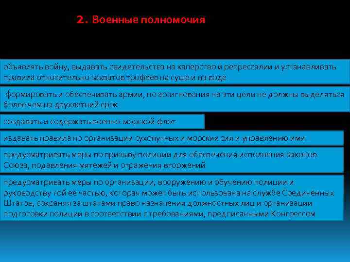 2. Военные полномочия объявлять войну, выдавать свидетельства на каперство и репрессалии и устанавливать правила