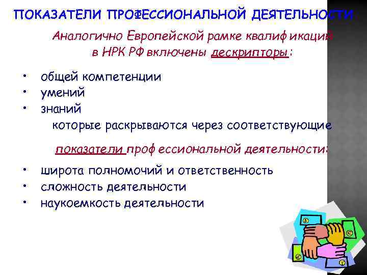 ПОКАЗАТЕЛИ ПРОФЕССИОНАЛЬНОЙ ДЕЯТЕЛЬНОСТИ Аналогично Европейской рамке квалификаций в НРК РФ включены дескрипторы: • •