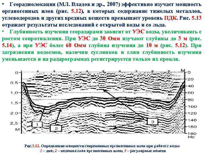  • Георадиолокация (МЛ. Владов и др. , 2007) эффективно изучает мощность органогенных илов