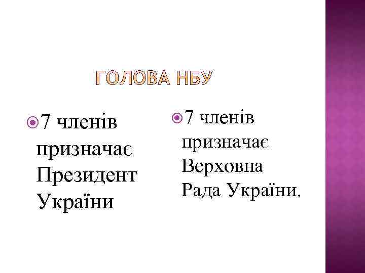  7 членів призначає Президент України 7 членів призначає Верховна Рада України. 