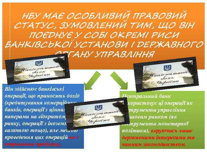 НБУ МАЄ ОСОБЛИВИЙ ПРАВОВИЙ СТАТУС, ЗУМОВЛЕНИЙ ТИМ, ЩО ВІН ПОЄДНУЄ У СОБІ ОКРЕМІ РИСИ