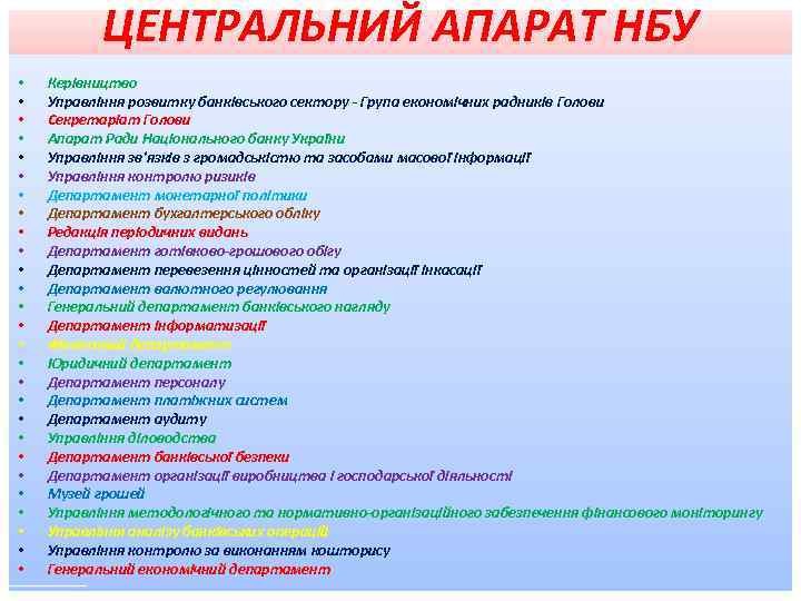 ЦЕНТРАЛЬНИЙ АПАРАТ НБУ • • • • • • • Керівництво Управління розвитку банківського
