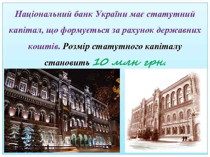 Національний банк України має статутний капітал, що формується за рахунок державних коштів. Розмір статутного
