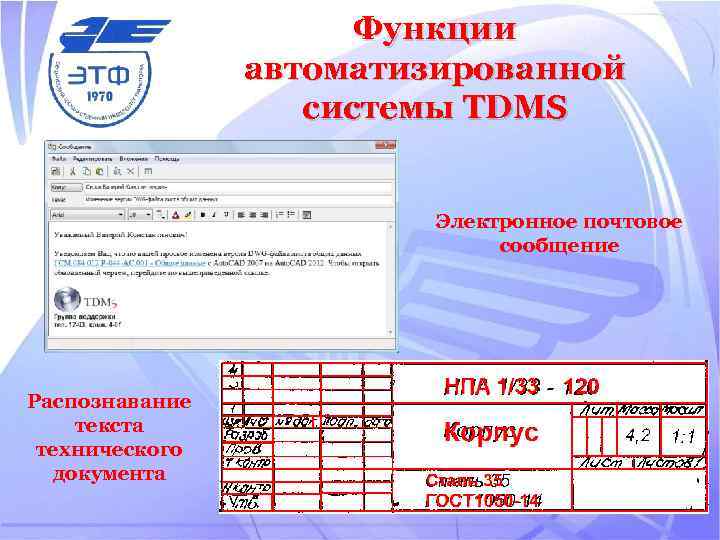 Функции автоматизированной системы TDMS Электронное почтовое сообщение Распознавание текста технического документа 