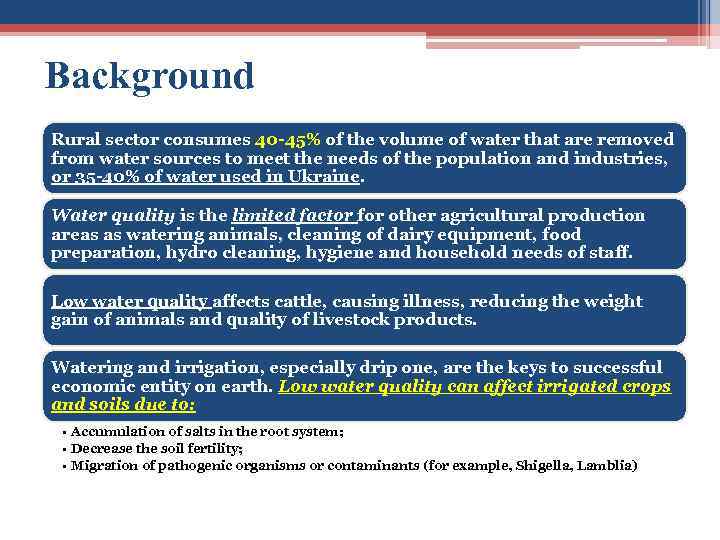 Background Rural sector consumes 40 -45% of the volume of water that are removed