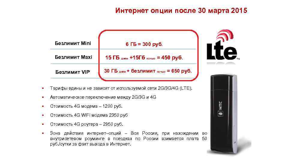 Интернет опции после 30 марта 2015 Безлимит Mini 6 ГБ = 300 руб. Безлимит