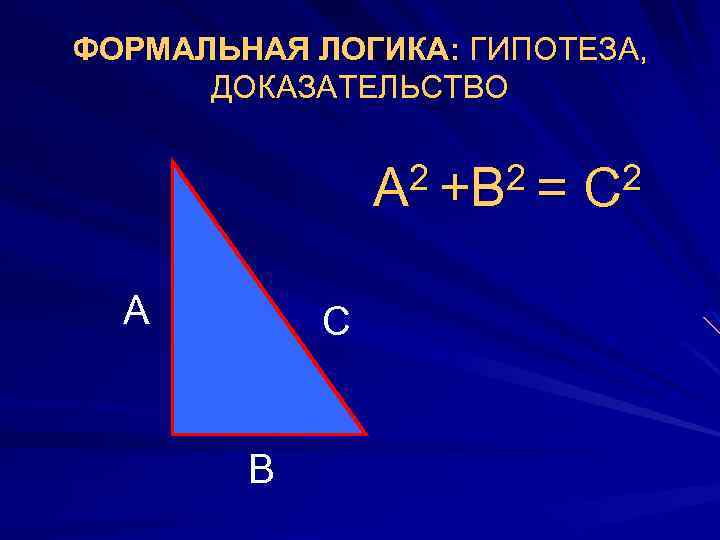 ФОРМАЛЬНАЯ ЛОГИКА: ГИПОТЕЗА, ДОКАЗАТЕЛЬСТВО 2 +В 2 = С 2 А А С В