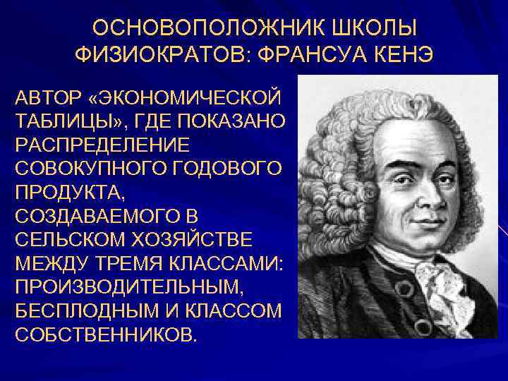 ОСНОВОПОЛОЖНИК ШКОЛЫ ФИЗИОКРАТОВ: ФРАНСУА КЕНЭ АВТОР «ЭКОНОМИЧЕСКОЙ ТАБЛИЦЫ» , ГДЕ ПОКАЗАНО РАСПРЕДЕЛЕНИЕ СОВОКУПНОГО ГОДОВОГО