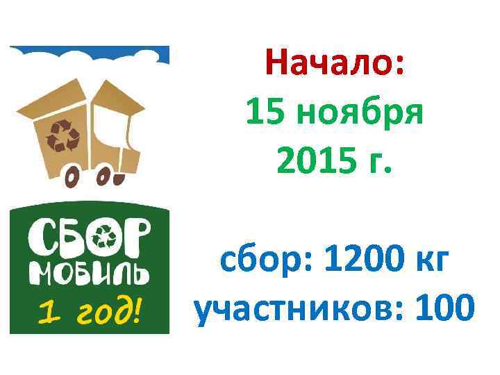 Начало: 15 ноября 2015 г. сбор: 1200 кг участников: 100 