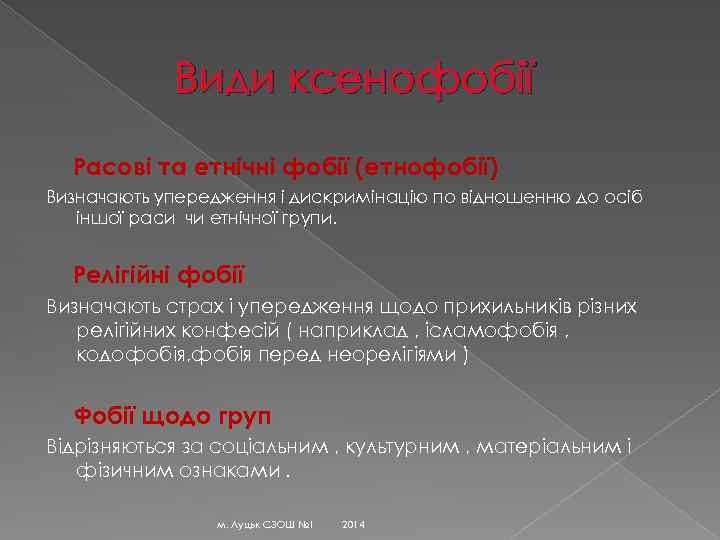 Види ксенофобії Расові та етнічні фобії (етнофобії) Визначають упередження і дискримінацію по відношенню до