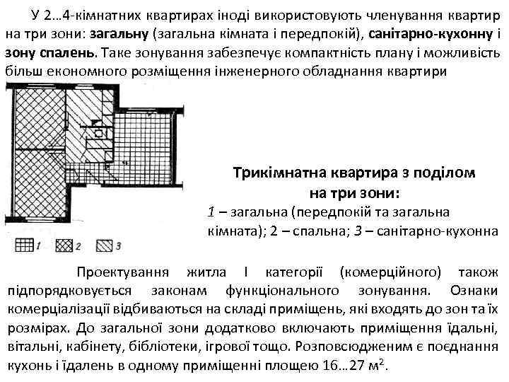  У 2… 4 -кімнатних квартирах іноді використовують членування квартир на три зони: загальну