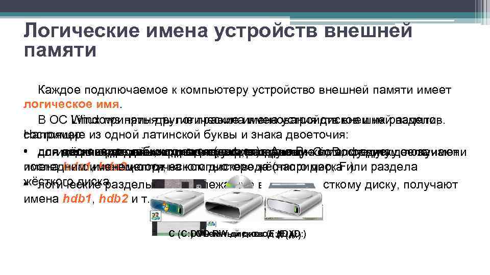 Присоединенные устройства. Логические имена устройств внешней памяти. Логические имена устройств внешней памяти на компьютере. Каждое подключаемое к компьютеру устройство внешней памяти имеет. Устройство внешней памяти имеет имя.