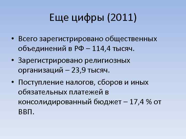 Еще цифры (2011) • Всего зарегистрировано общественных объединений в РФ – 114, 4 тысяч.