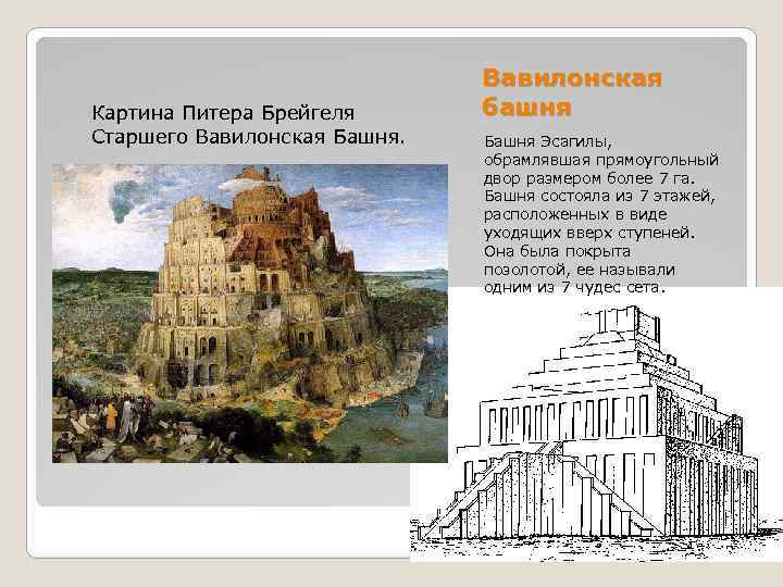 Картина Питера Брейгеля Старшего Вавилонская Башня. Вавилонская башня Башня Эсагилы, обрамлявшая прямоугольный двор размером