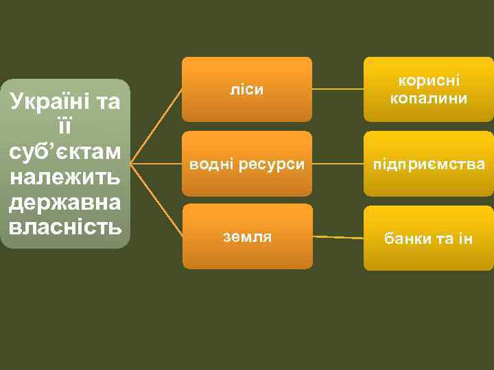 Україні та її суб’єктам належить державна власність ліси корисні копалини водні ресурси підприємства земля