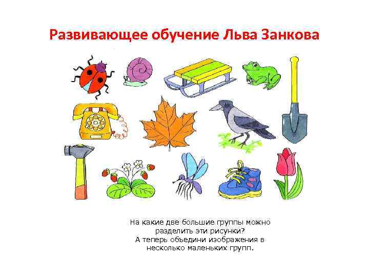 Развивающее обучение Льва Занкова На какие две большие группы можно разделить эти рисунки? А