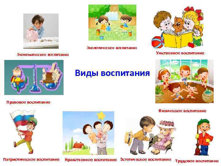 Экологическое воспитание Экономическое воспитание Умственное воспитание Виды воспитания Правовое воспитание Физическое воспитание Патриотическое воспитание