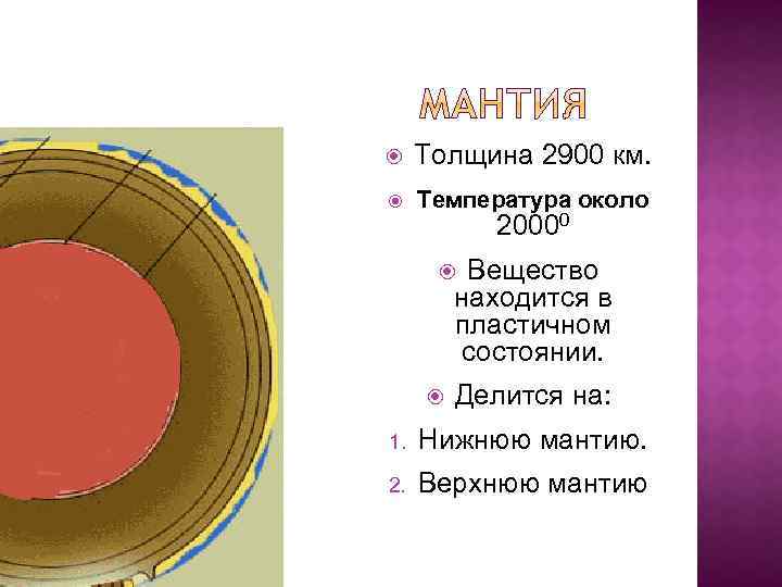  Толщина 2900 км. Температура около 20000 Вещество находится в пластичном состоянии. Делится на: