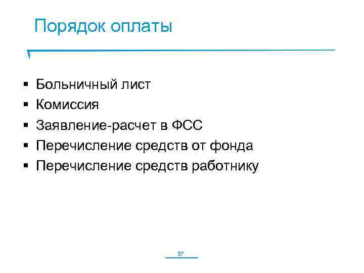 Порядок оплаты § § § Больничный лист Комиссия Заявление-расчет в ФСС Перечисление средств от