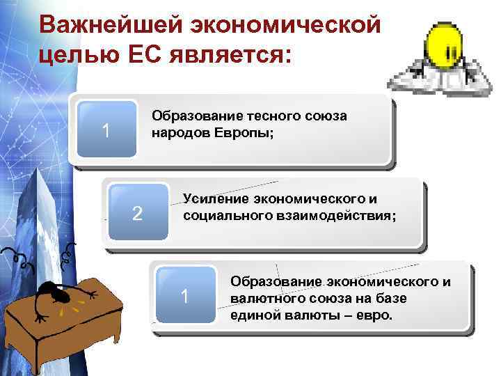 Важнейшей экономической целью ЕС является: Образование тесного союза народов Европы; 1 2 Усиление экономического